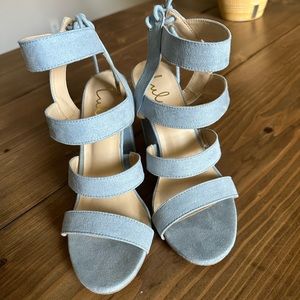 Marlena Blue Grey Suede Caged Lace-Up Heels